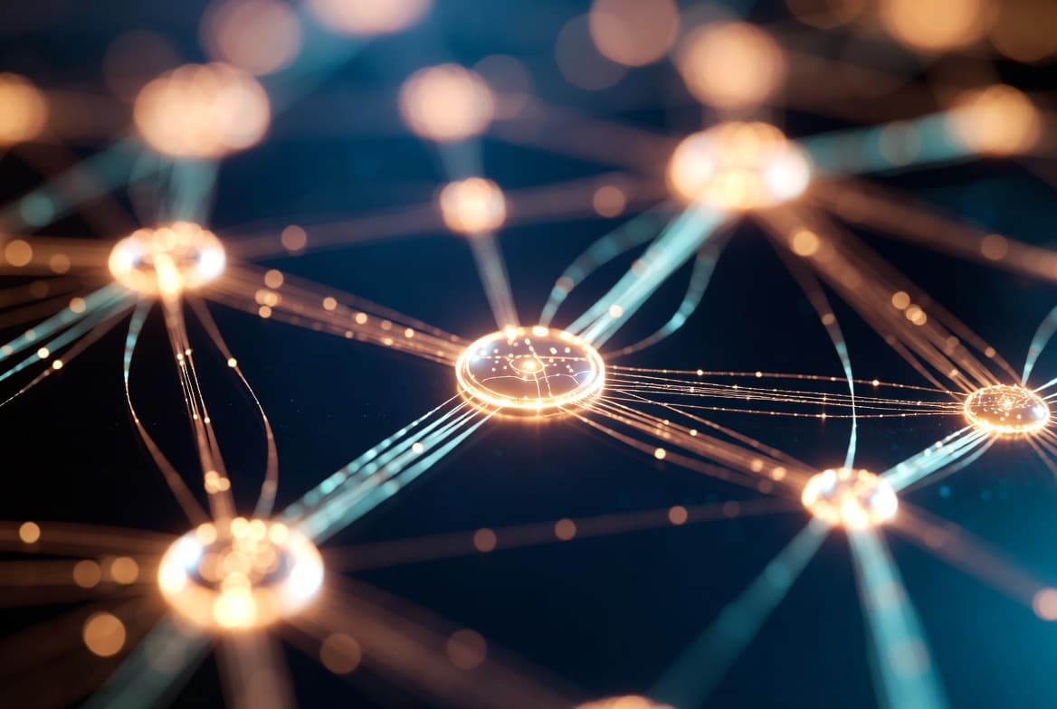 Abstract representation of community connection, glowing nodes connecting to a central hub, warm amber and deep blue colors, soft lighting, hopeful and tech-forward vibe.
