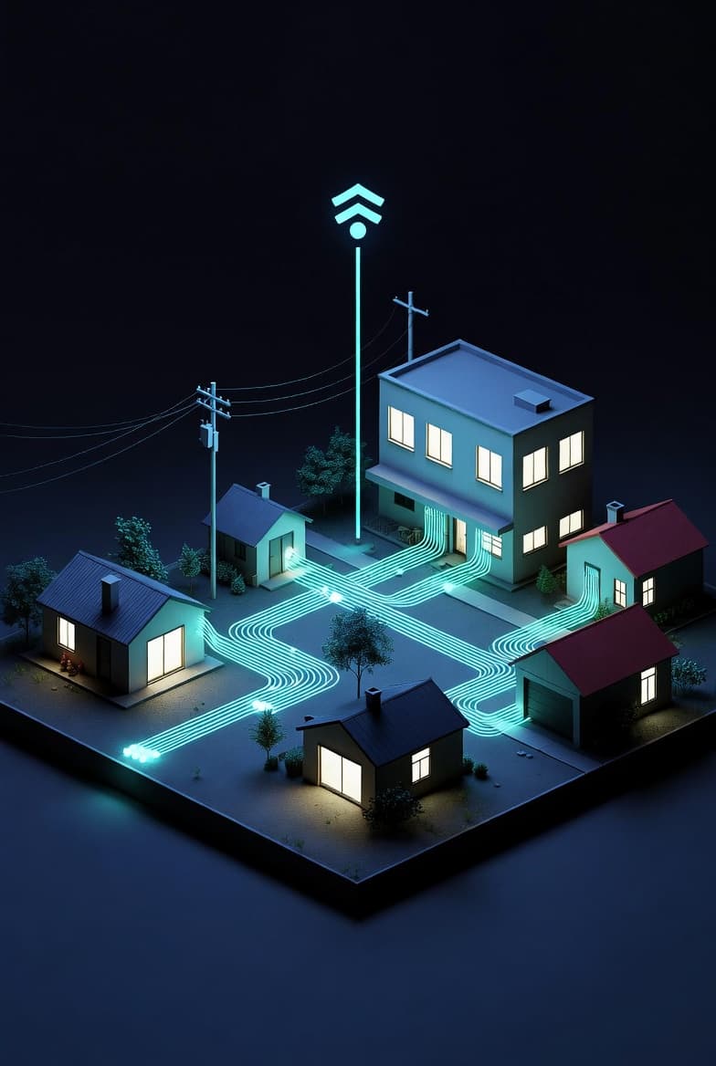 Isometric view of a clean modern living room being organized by digital helpers, soft blue and white color palette, floating UI elements showing schedules and checklists.