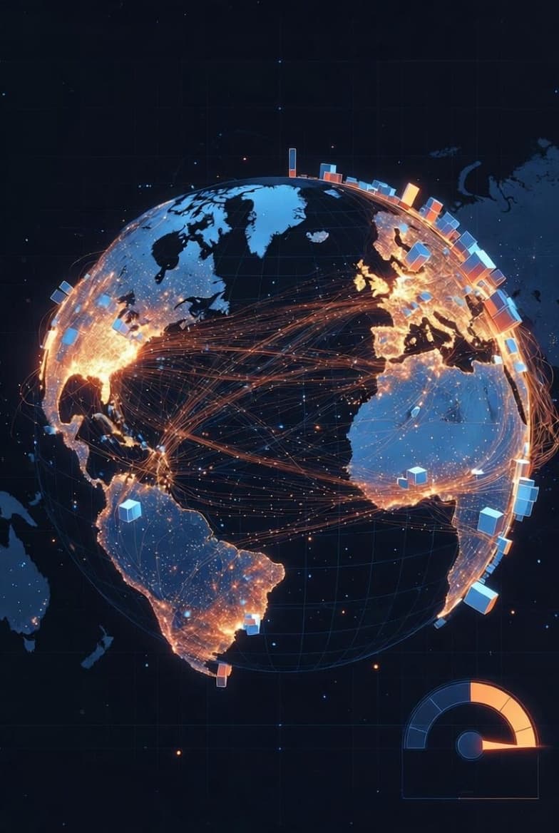 Digital globe with shipping routes visualized as glowing data streams, shipping containers represented as data blocks, deep blue and orange contrast, high-tech hud elements.