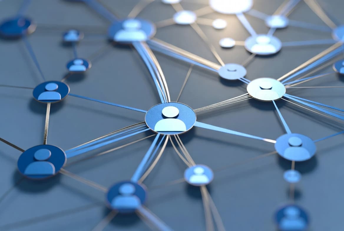 Abstract corporate structure visualization, connecting nodes representing people and organizations, professional blue and silver palette, clean lines, modern business aesthetic.